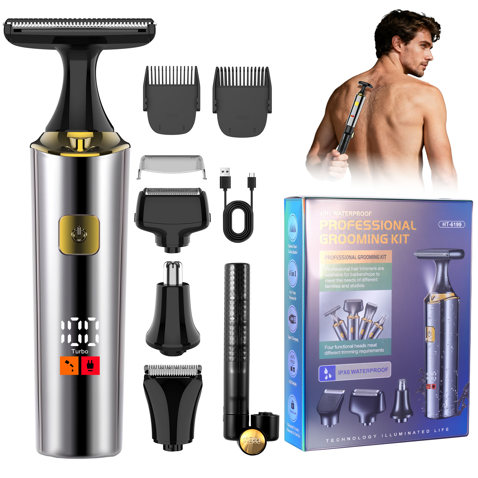 Men Grooming Full Body - Aparador de Pelos Elétrico Recarregável Hatteker